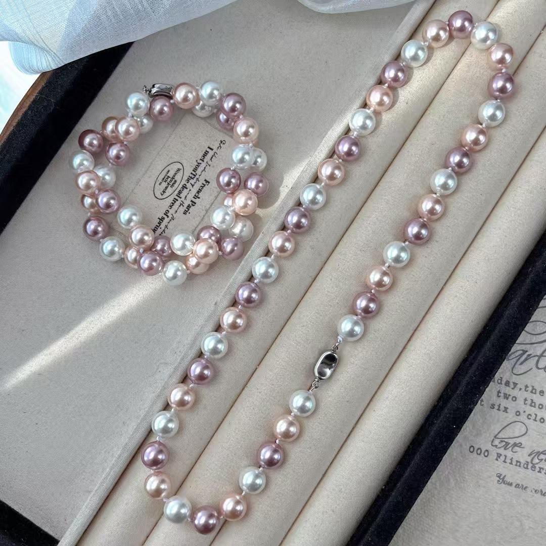 10Mm Vintage High Quality High Gloss Maillard Warm Pink Purple Faux Pearl Necklace Sweater Chain