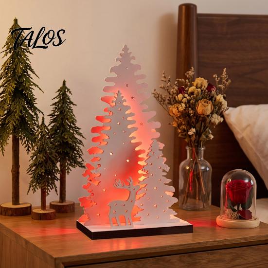 Creative Holiday Gifts Vintage Wooden Christmas Tree, LED Lighted Tabletop Centerpiece Decorations, Festive Home Party Supplies Winter Reindeer