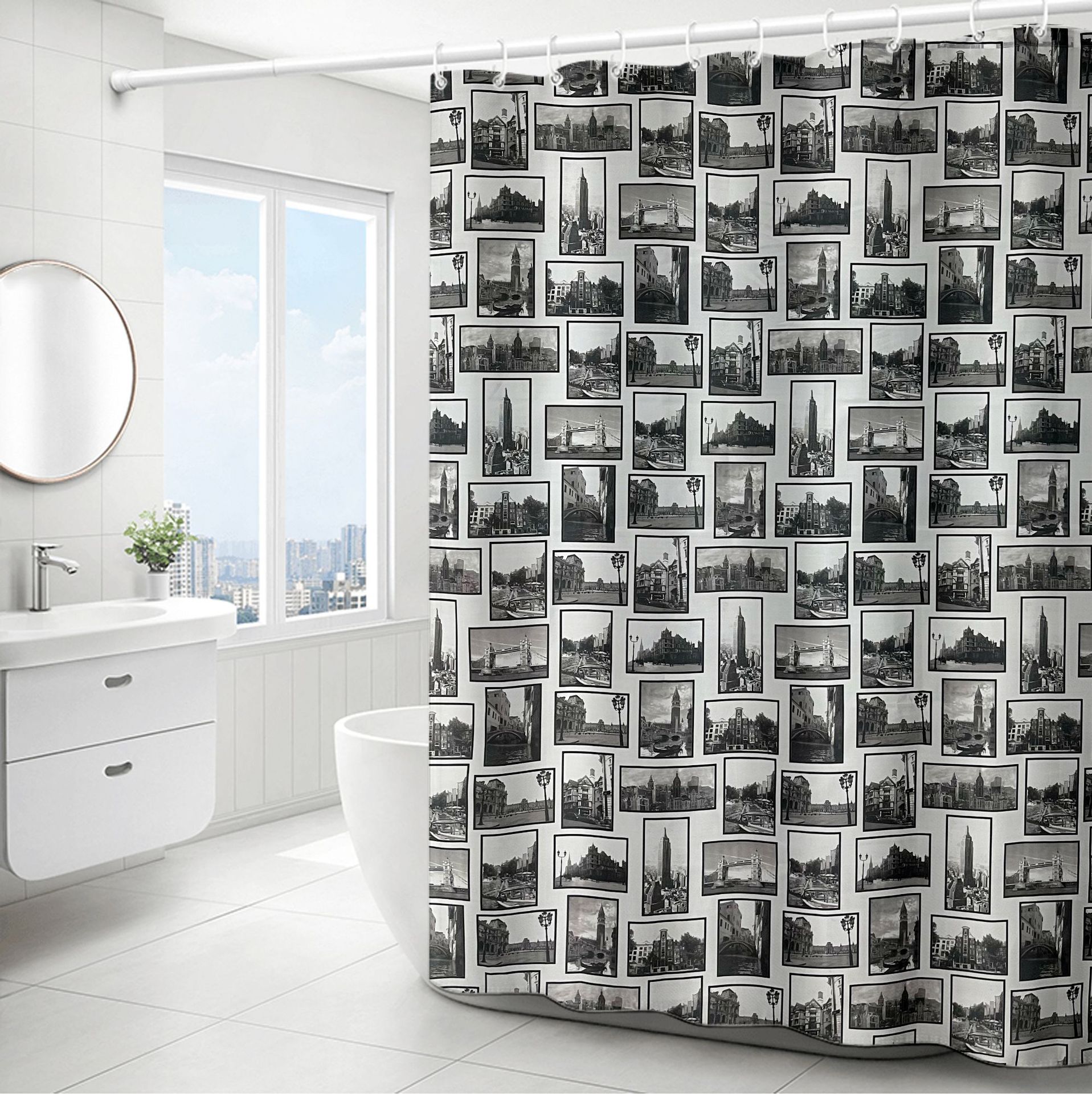 

Black White City View Waterproof Polyester Bathroom Shower Curtain No Drill Hooks 180x200CM