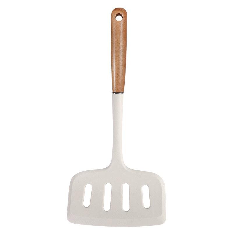 Large size stainless steel hollow handle wooden handle shovel silicone kitchenware set kitchenware non-stick cooking spoon spatula wooden handle white