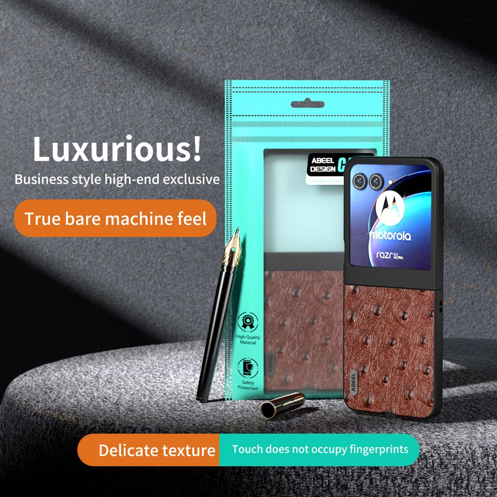 Für Motorola Razr 50 5G Hülle Straußenleder Textur Echtes Rindsleder+PC Handyhülle