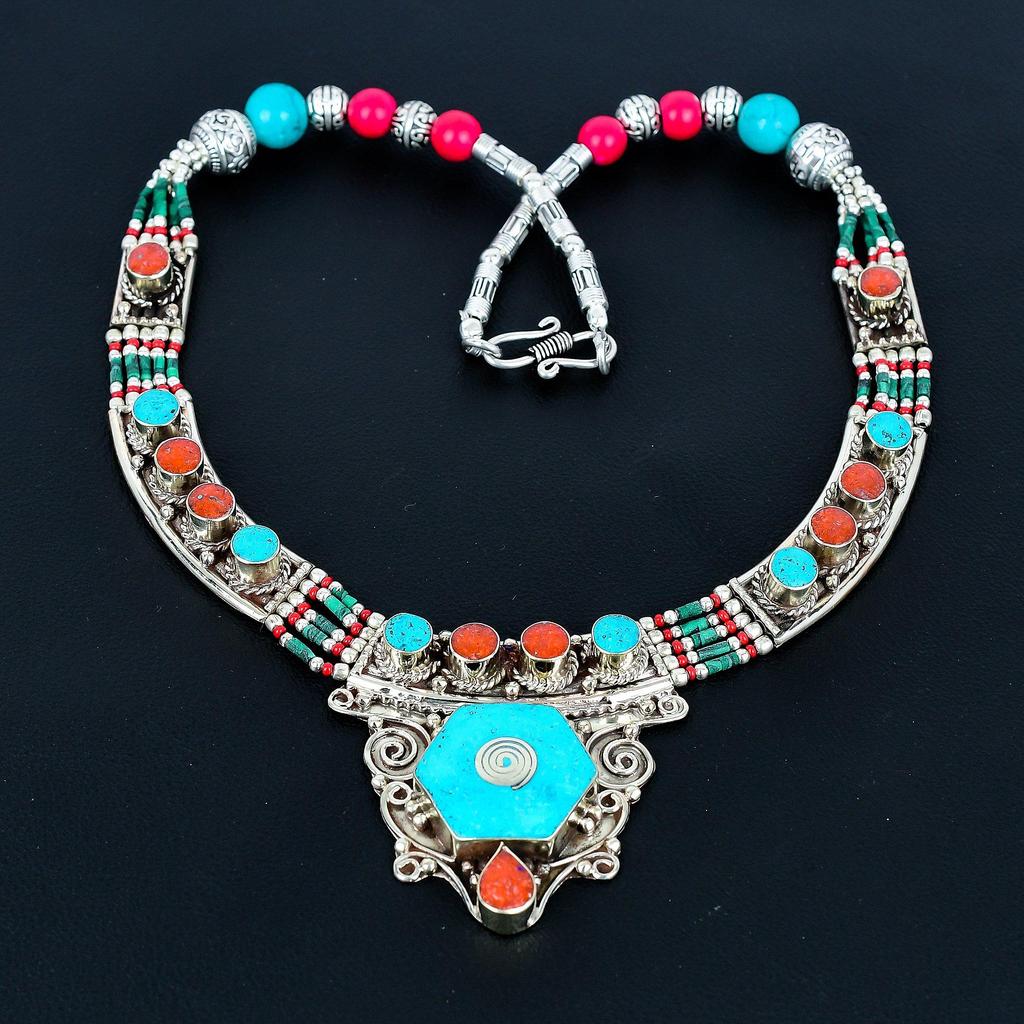 Türkis, Koralle 925 Sterlingsilber Halskette Tibetsilber Halskette Böhmische Antike Halskette Handgefertigter Schmuck Nepalesische Halskette Geschenk für Ehefrau