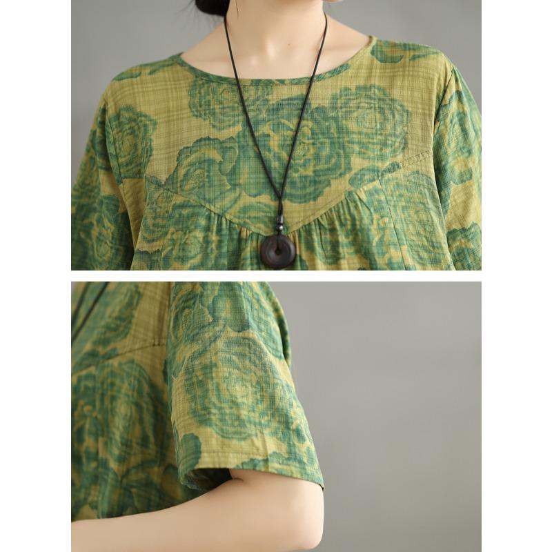 DIMANAF 2025 Summer Plus Size Vintage Dress Women Casual Dress Loose Basic Floral Printing Short Sleeve Long Dress