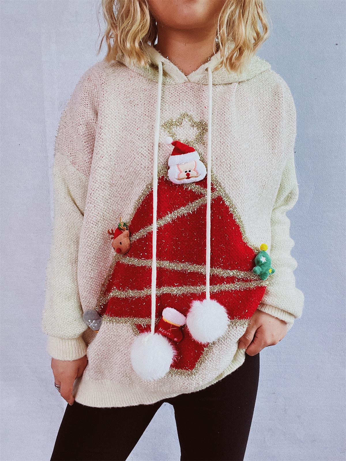 

New autumn and winter Christmas sweaters for women, loose fitting hooded, shiny silk, New Year s Christmas tree knitted hooded top 3507 XL бежевий