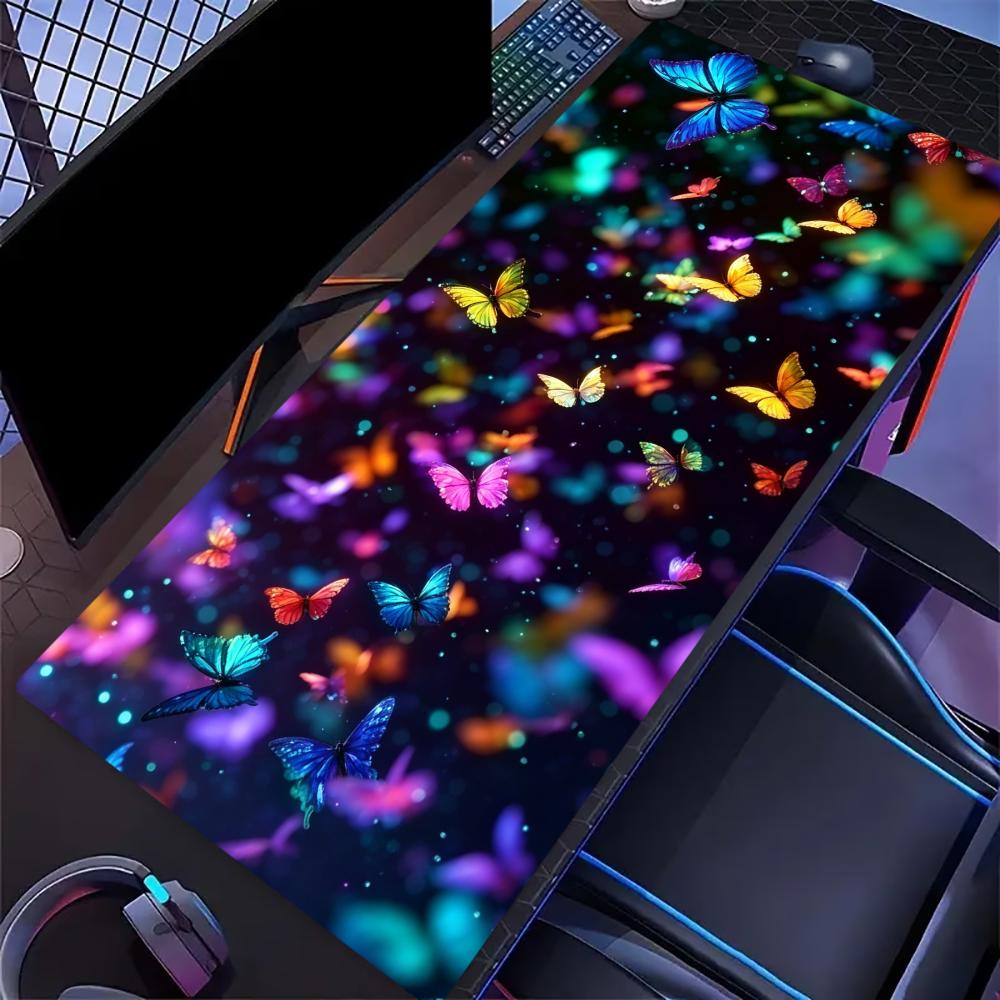 Aesthetic Neon Butterfly Gaming Mouse Pad Non Slip Rubber Mat Stitched Edge Desk Pad For Laptop Keyboard For Daily Work Use