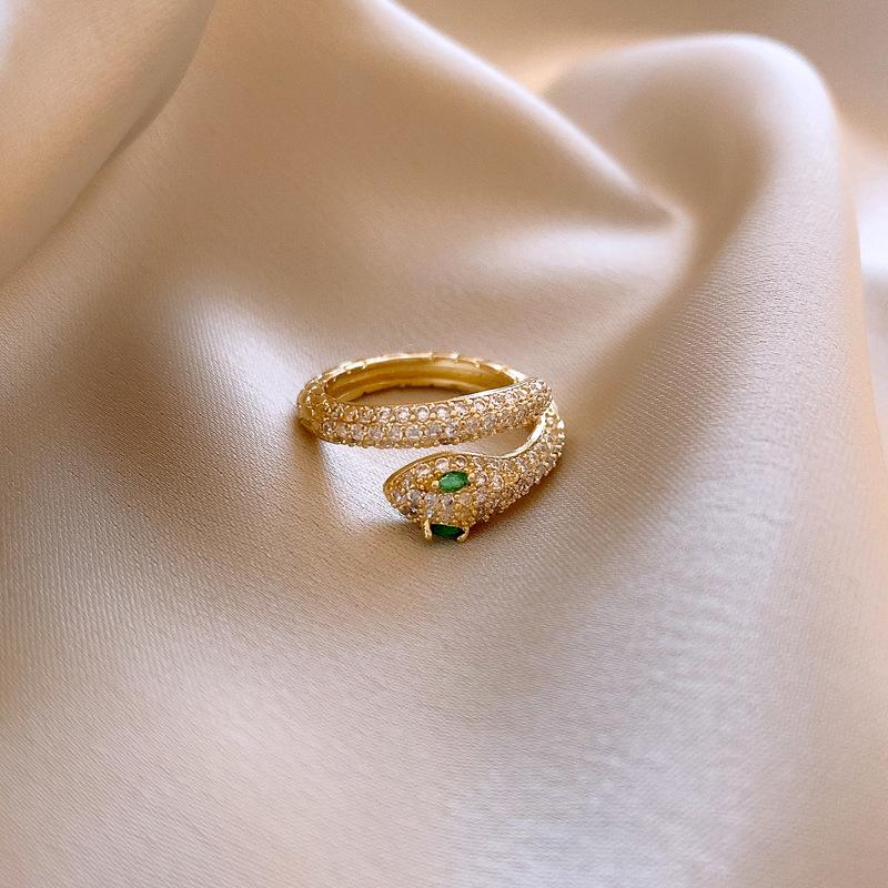 Electroplated zircon snake open ring, medieval vintage index finger ring light luxury jewelry