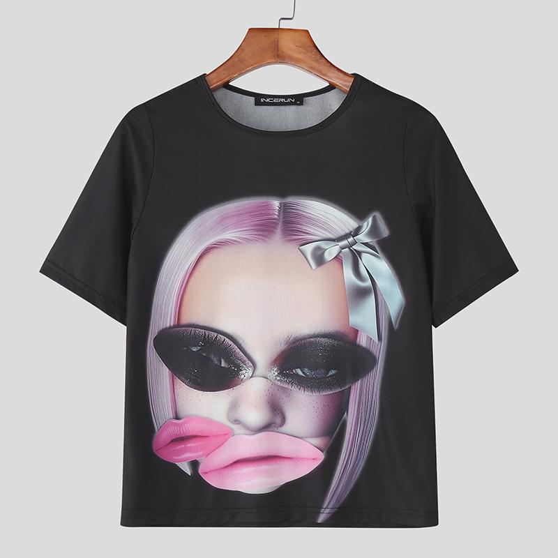 

INCERUN Men Round Neck Short Sleeve Print Cropped T-Shirts Tops S чёрный