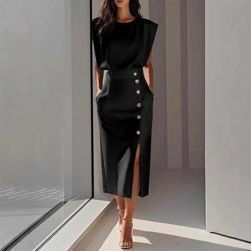 Women's White Sleeveless Blazer Top with Wide Shoulder Pads and Matching Midi Skirt Set