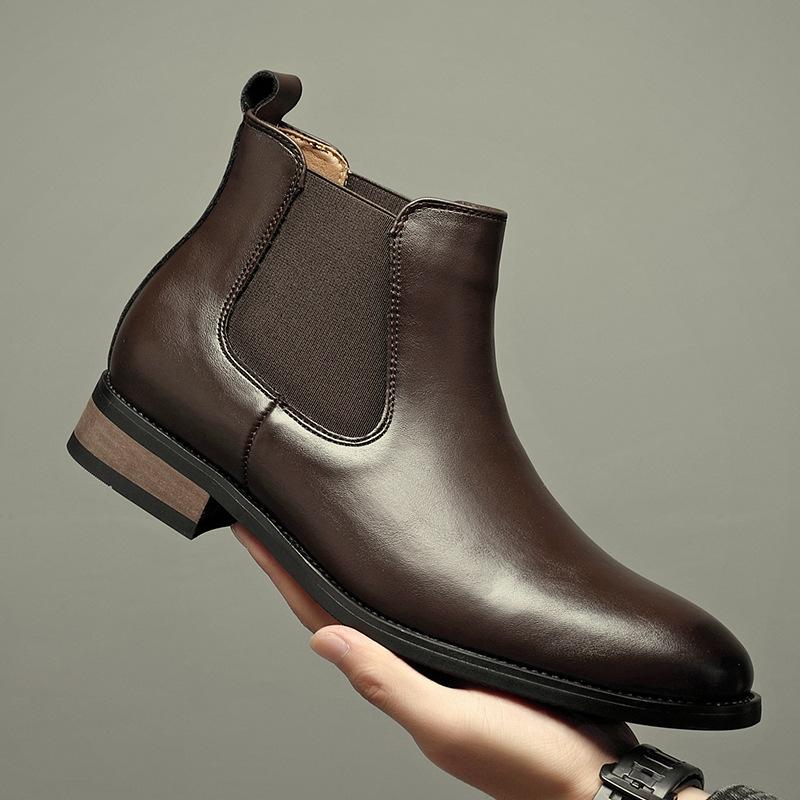 Trendy Fashion British Chelsea Boots Men's Pointed Business Casual High-top Leather Shoes Retro Short Boots Heightening Martin Boots