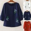 Women Summer T-shirt Flower Embroidery Three-quarter Sleeve Loose Plus Size Round Neck Match Pants A-line Breathable Retro Spring Summer Top