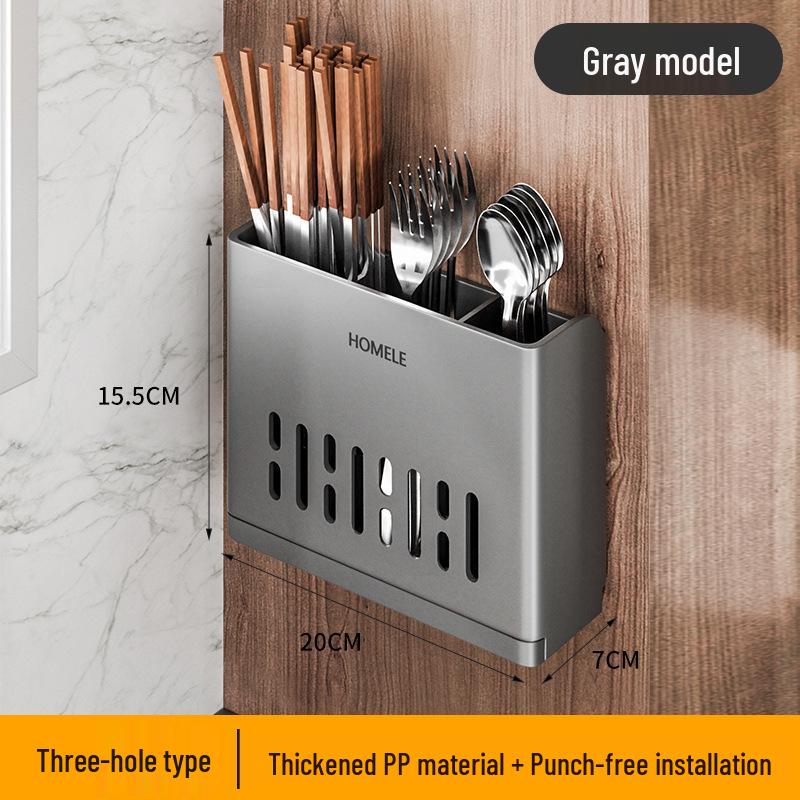 Wall-Mounted No-Drill Chopstick Holder with Multi-Compartments and Drainage, Large Capacity Cutlery Storage Box