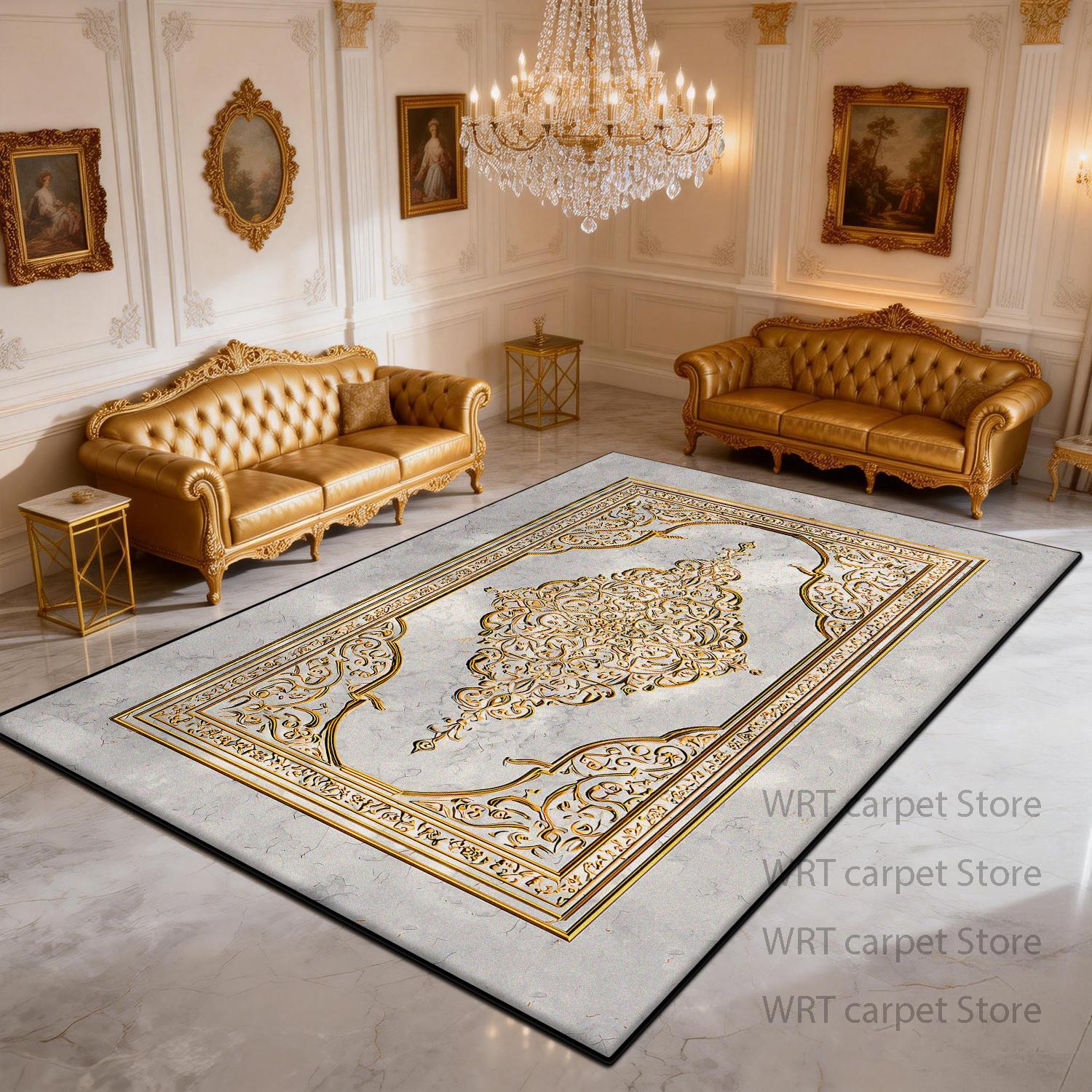 

European Style Golden Marble Style Rug for Living Room Luxury Sofa Area Non-slip Large Carpets Bedroom Bedside Decoration Mats 60x90cm
