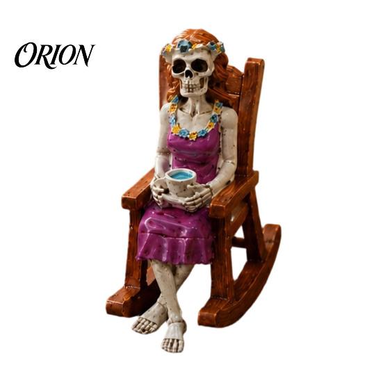 Durable Resin Skeleton Ornament Halloween Figurine, Sitting On Rocking Chair Statue, Drinking Hand Carved Coffee Crocheting Reading Tabletop