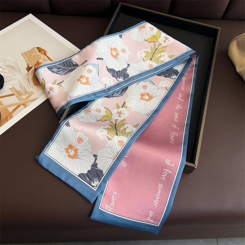 Spring and Summer Flower Double-layer Scarf, Streamer Strap, Bag Decoration, Suit Scarf, Small Long Headband, Silk Scarf, Women's Printing Is Narrow a