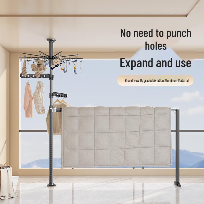Foldable Floor-Standing Clothes Drying Rack: Thickened, Reinforced, No-Punch Design for Homes Without Balconies.