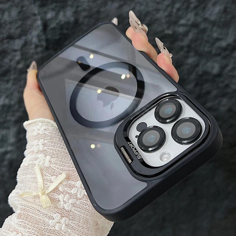Fashion Ring Stand Magnetic Case For iPhone 16 15 14 Plus 13 12 11 Pro Max Case with Glass Lens Protector Phone Case for Magsafe