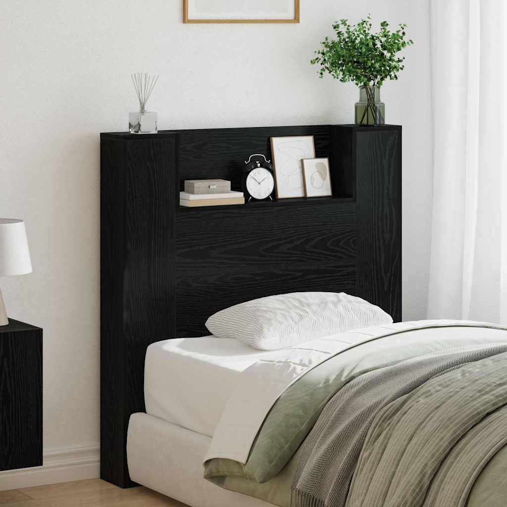 Storage Headboard with LED Black Oak Wood Based Material