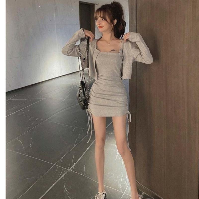 Traje de dos piezas falda corta otoño e invierno nuevo chaqueta de manga larga tirantes cadera ceñida vestido sexy falda de mujer