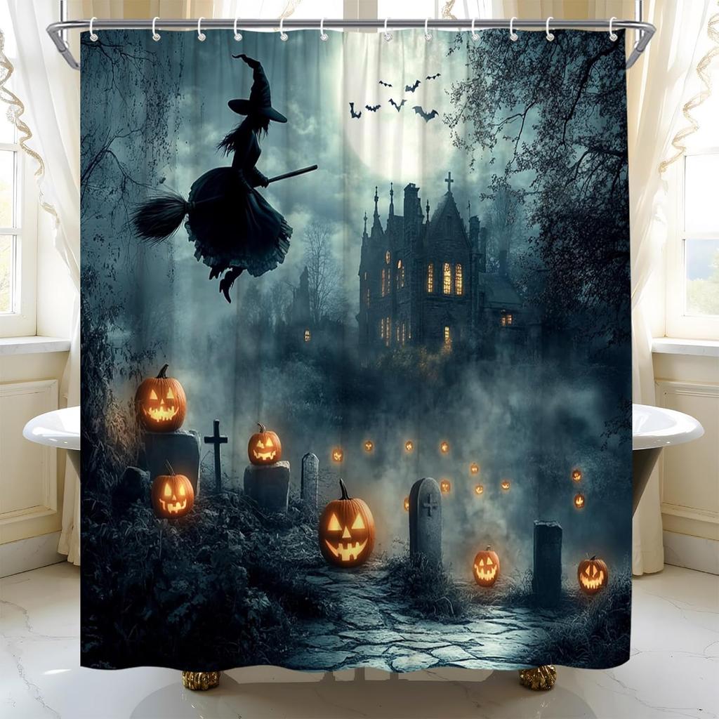 Halloween Shower Curtain Gothic Spooky Magic Witch Castle Haunted House Horror Cemetery Pumpkin Fabric Bathroom Curtain Decor