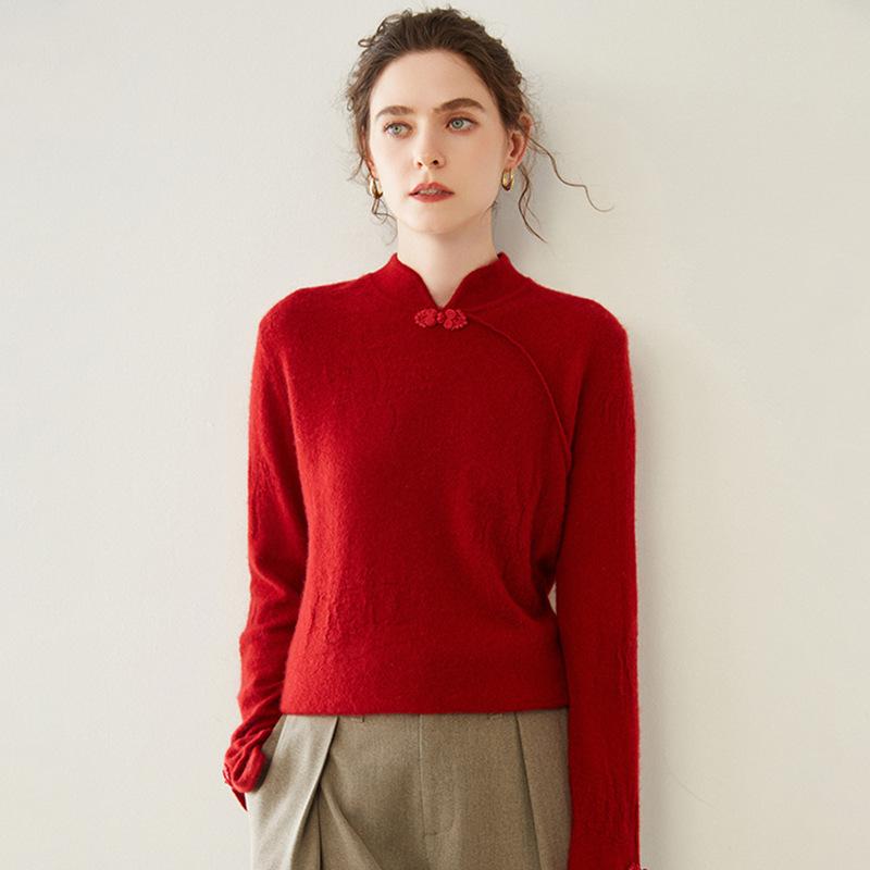 

Свитер из кашемира с воротником-половиной стойкой, осенне-зимний новый стиль, женский приталенный, в китайском стиле, сливовый, бамбуковый, однотонный, пуловер M