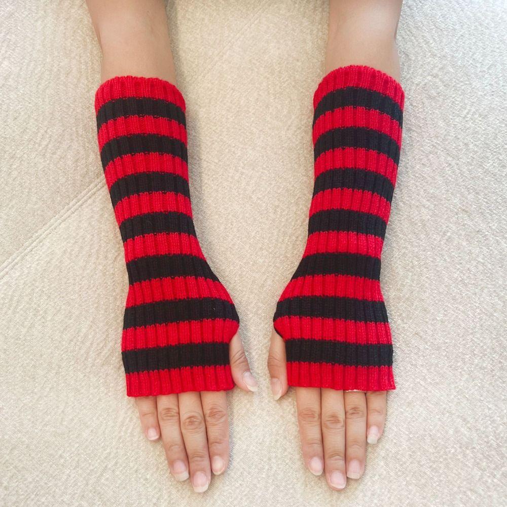 Elbow Length Long Fingerless Gloves Striped Knitted Gloves Wrist Sleeves  Cosplay Use