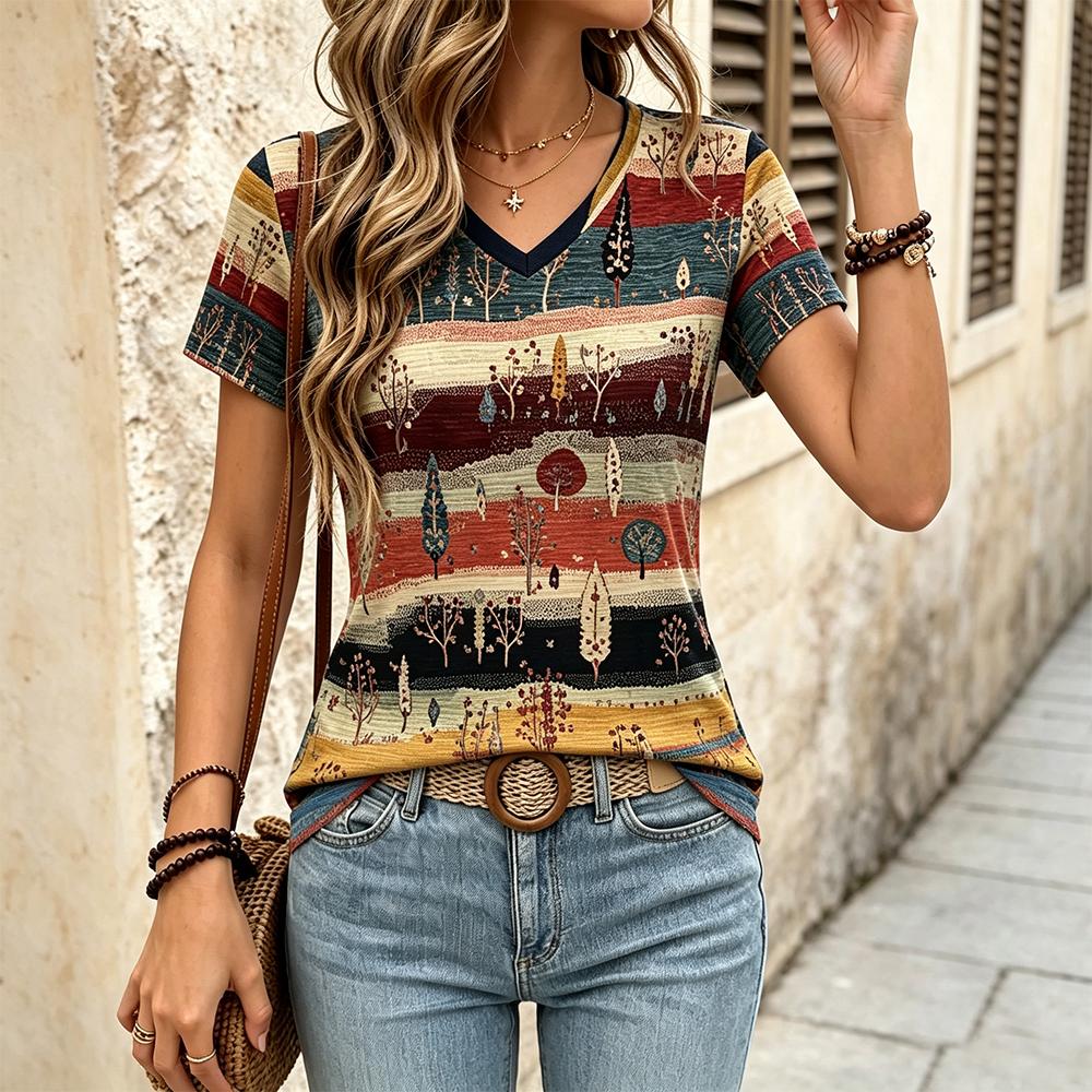 Bohemian-style Print Women's T-shirt Retro Ethnic Pattern V-neck Short Sleeve Tops Cozy Breathable Summer Vacation Casual Tee