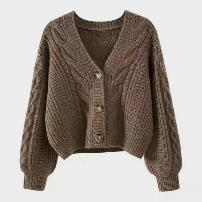 New V Neck Twist Cardigan Short Sweater Fashion Loose Women Korean Style Retro Jackets Solid Color Simple Elegant Office Coat Autumn Winter Clothing