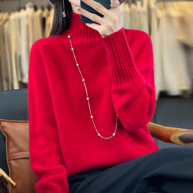 Women's 100% Wool Pullover Sweater, Half-High Neck, Thick Base Layer, New Autumn/Winter Style