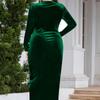 Novo vestido plus size de manga comprida com bainha de veludo, sexy, envoltório plissado, decote em V profundo, vestido de coquetel de festa