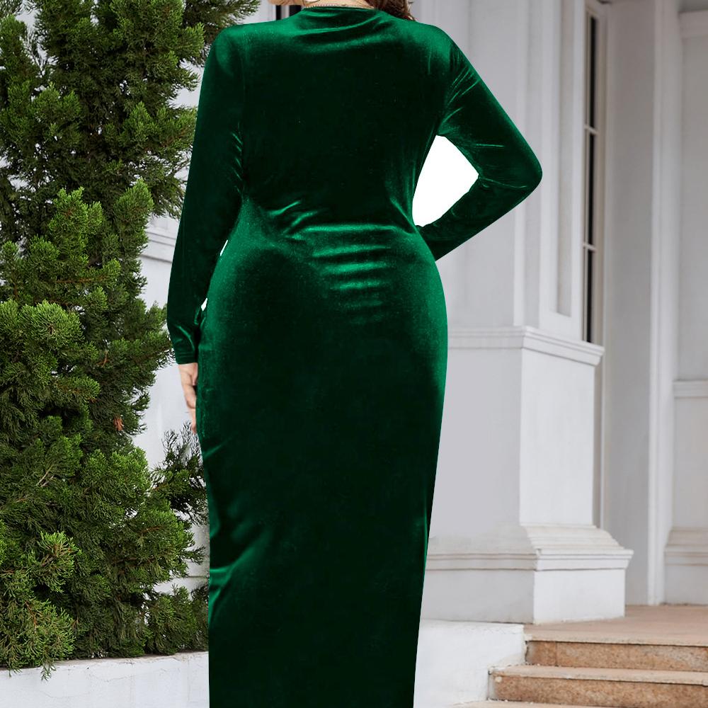 New Plus Size Long Sleeve Velvet Sheath Dress, Sexy, Pleated Wrap, Deep V Neck, Party Cocktail Dress