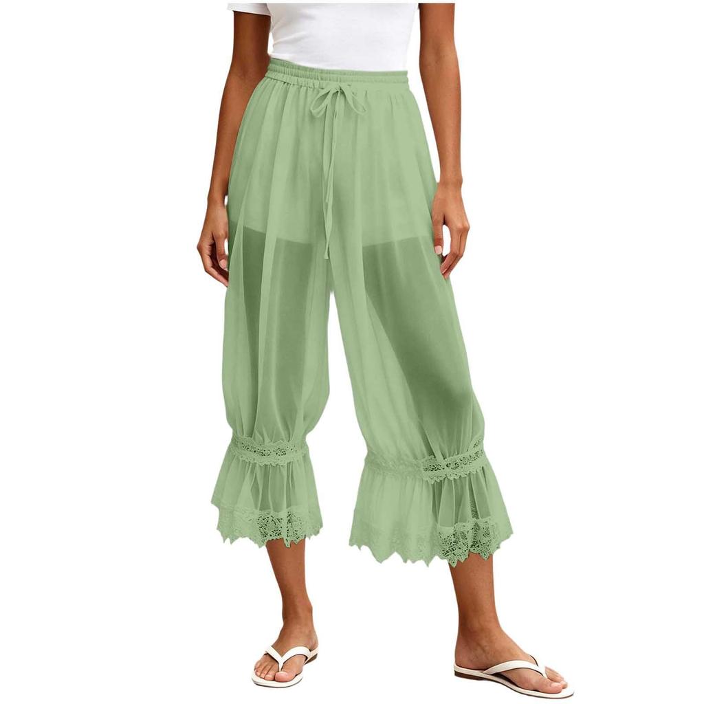 Women's Casual Pants with Lace and Sheer Mesh Trim, Lined, for Everyday Wear