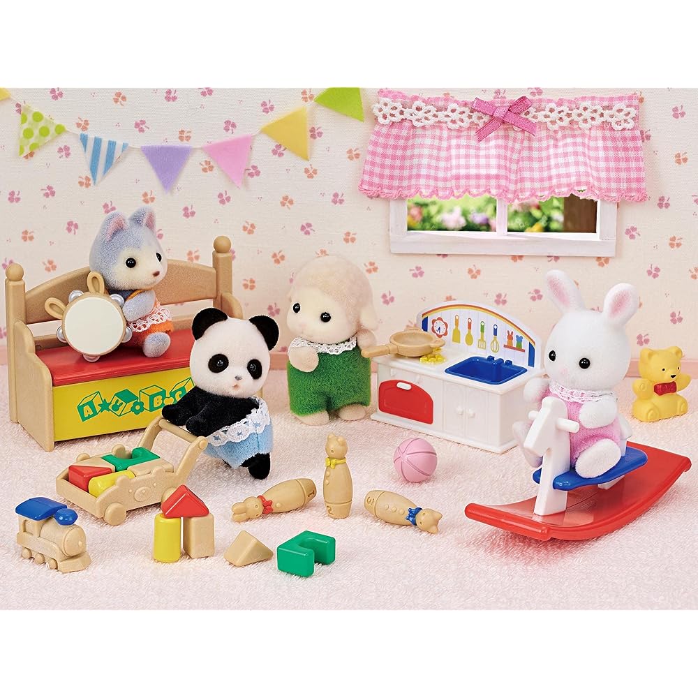 Sylvanian Families EPOCH Doll and Furniture Set White Rabbit and Panda Babies 3 Years and Up Toy Dollhouse
