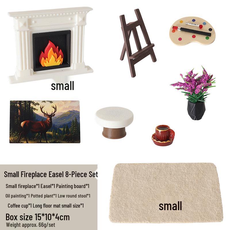 Mini Dollhouse Fireplace and Easel Scene Set