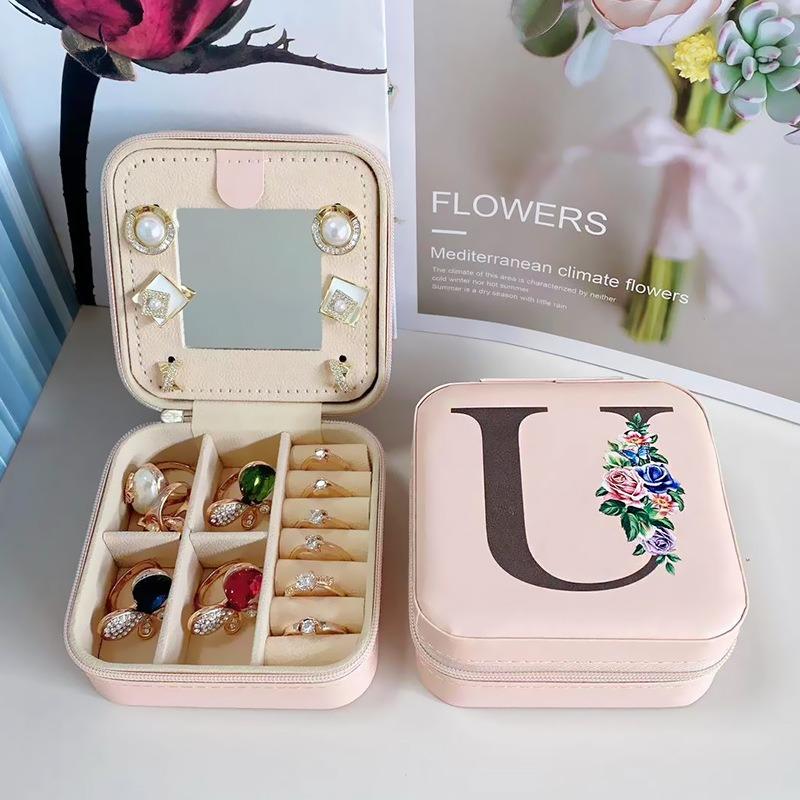PU Leather Jewelry Box Mirror Storage Box 26 Letter Printed Portable Jewelry Organizer Earring Ring Necklace Case