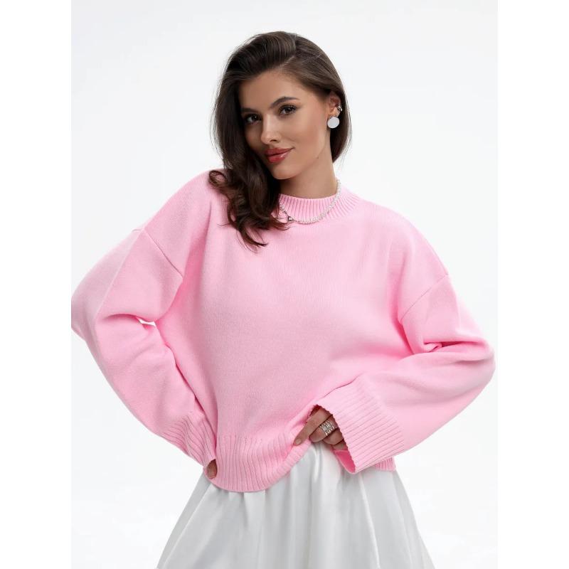 Women Loose Solid Color Long Sleeve High Neck Casual Knit Sweater