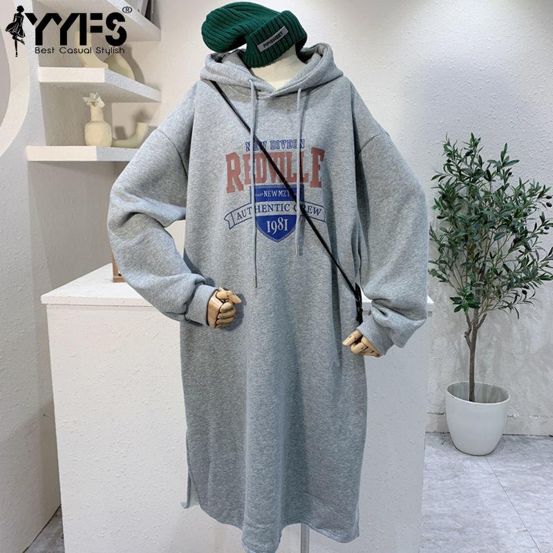 

YYFS Women s Fashion Fall Winter Long Sleeve Hooded Loose Waistline Casual Dresses Size: One Size світло-сірого кольору