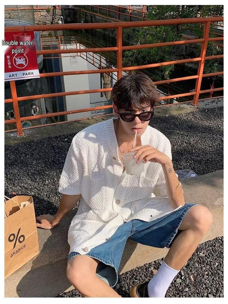 2023 Retro Men's Summer Hong Kong Style Loose Shirt - Fun Niche Design Student Outerwear