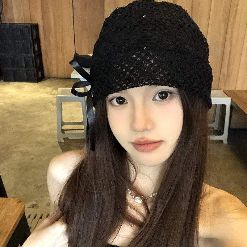 Niche Design Cute Black Hollow Bow Cold Hat Women Versatile Elastic Lace Hat Hot Girl Pile Hat