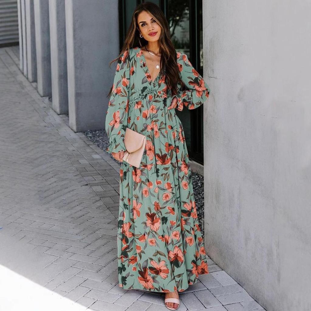 2025 Women's Fashion Long Sleeve Evening Dress - European & American Print Design