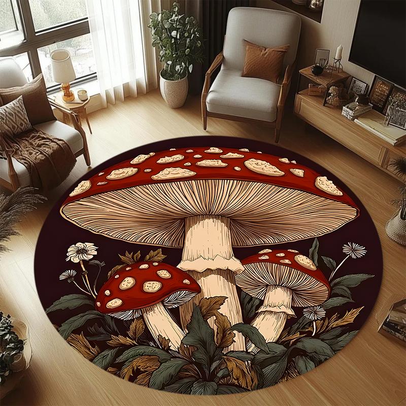 Retro Illustration Style Mushroom Rug, Forest Floral Print Floor Carpet for Living Room Bedroom Non-Slip Washable Home Decor Mat
