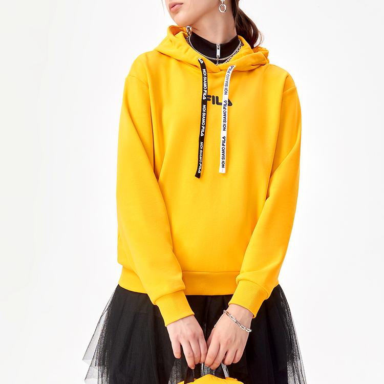 Fila Fusion Letter Print Loose Sports Color Block Drawstring Hooded Pullover Vintage American Sweatshirt Women Sweatshirt Gold Orange T11W141204F-YE