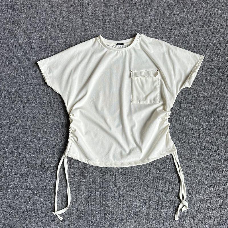 

Export Daily Single Drop Shoulder Short Sleeve Knitted Slimming Easiest for Match Loose Blouse Drawstring Stylish Women s Fashion T-shirt White Drawstring Stylish Short Sleeve LL