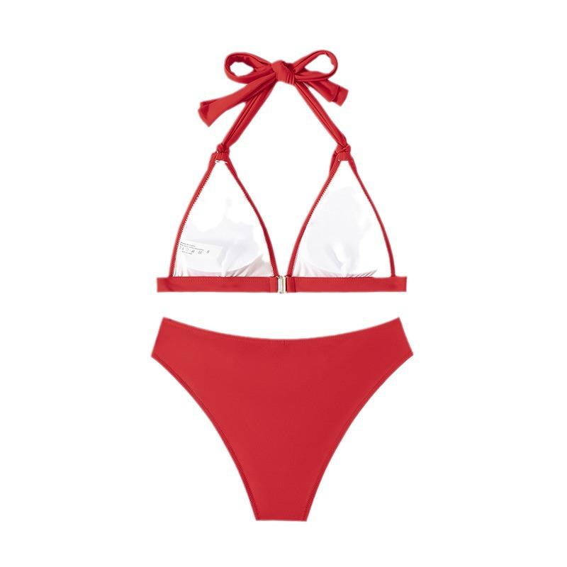 2024 Solid Color Lace-Up Halter Split Bikini Swimwear - Sexy European & American Triangle Beach Swimsuit for Women