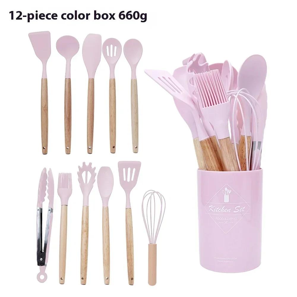 12Pcs Kitchen Cooking Utensils Set Wooden Handle Cooking Tool Non-stick Cookware Spatula Shovel Egg Silicone Kitchenware Beaters