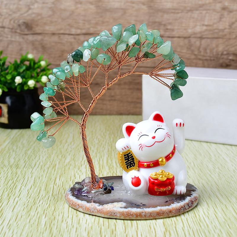 Solar Energy Shake Hands Lucky Cat Base Fate Tree Office Home Natural Crystal Crushed Stone Life Tree Handwoven Weaving Decor