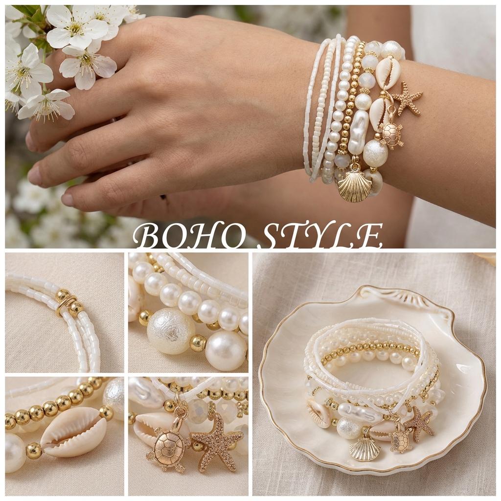 Boho Sea Turtle Starfish Cowrie Shell Charms Bracelet for Women Fashion Layered Pearl Beaded Bracelets Summer Beach Jewelry Gift