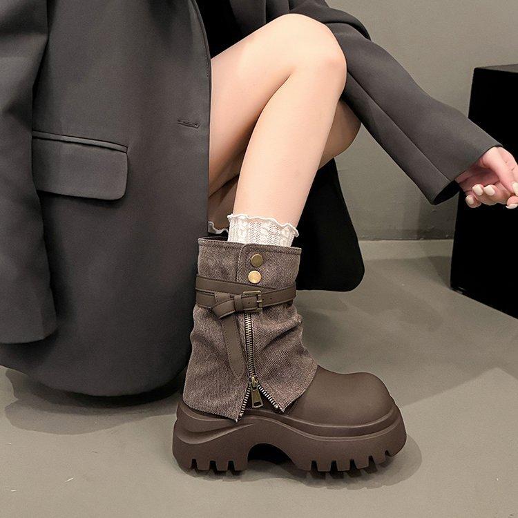 Cowhide version~ thick-soled Martin boots women's British style leather spice girls medium tube cowboy western trouser boots niche short boots