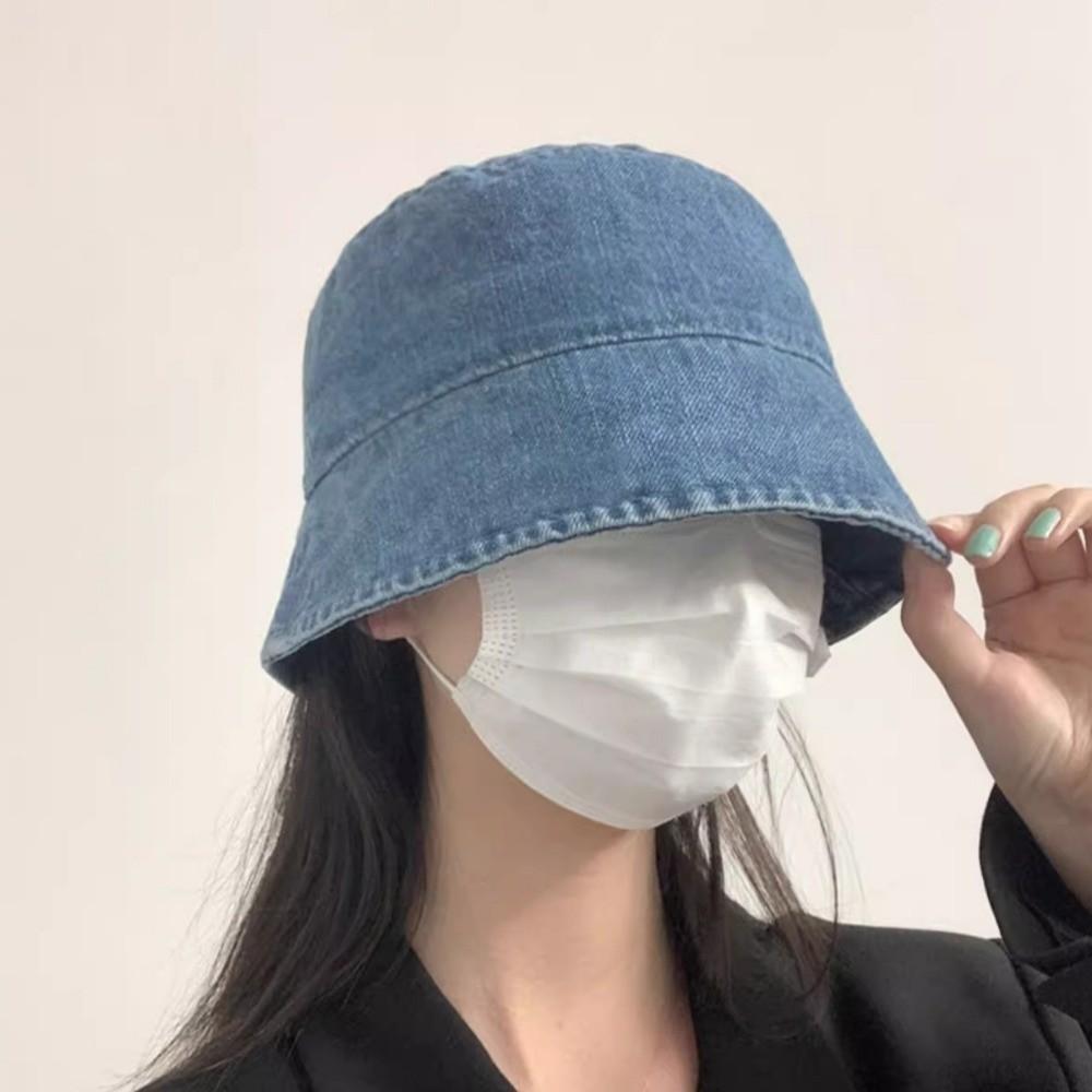 Neuer einfarbiger Sonnenhut Gewaschener Denim Minimalistische Fischerkappe Atmungsaktiver Eimerhut Reise