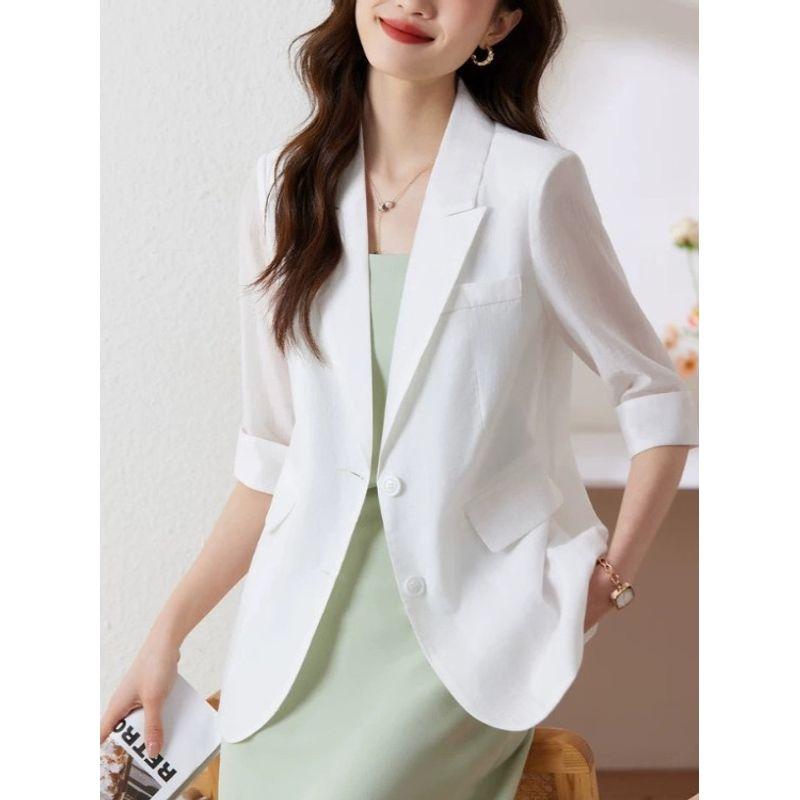 K-style Plus Size New Arrival Work Clothing Ol Two Buttons Thin Solid Color Half Sleeves Small Business Suit Coat Casual Chiffon Sun Protection Shirt