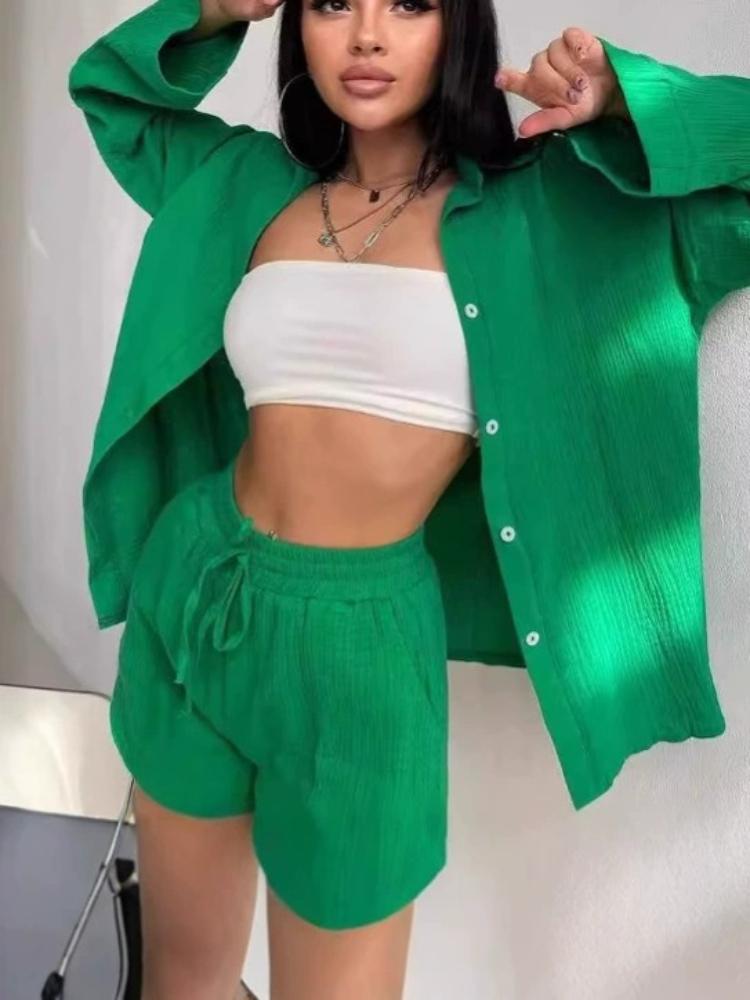 Fashion Loose Yellow Stripe Women's Two Pieces Set Elegant Long Sleeve Shirt With High Waist Shorts Set Female